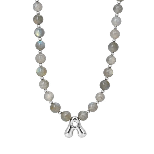 Premium natural grey moonstone and 925 sterling silver beaded necklace with personalised bubble initial charm, hand-finished in Australia