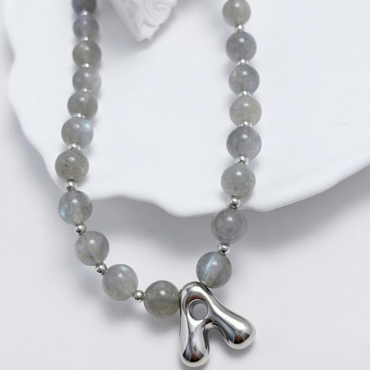 Premium natural grey moonstone and 925 sterling silver beaded necklace with personalised bubble initial charm, hand-finished in Australia