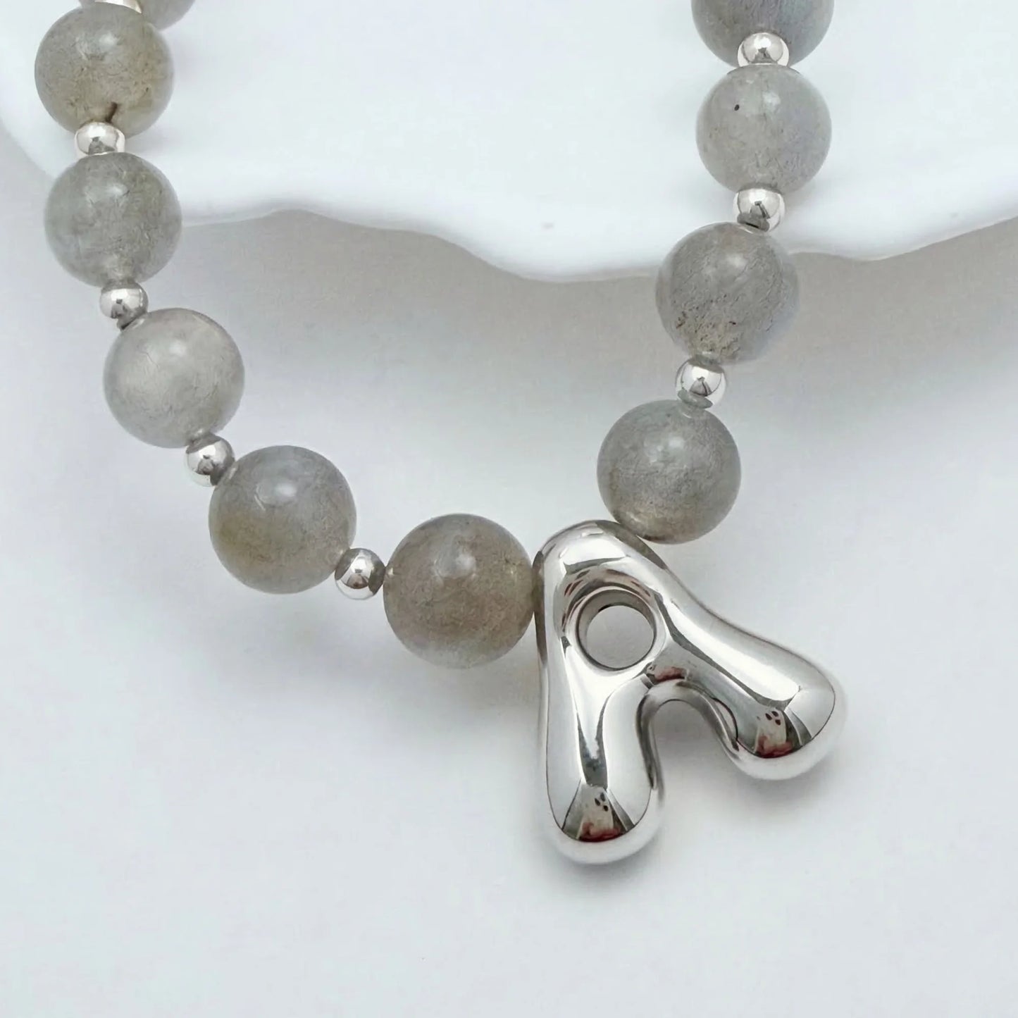 Premium natural grey moonstone and 925 sterling silver beaded necklace with personalised bubble initial charm, hand-finished in Australia