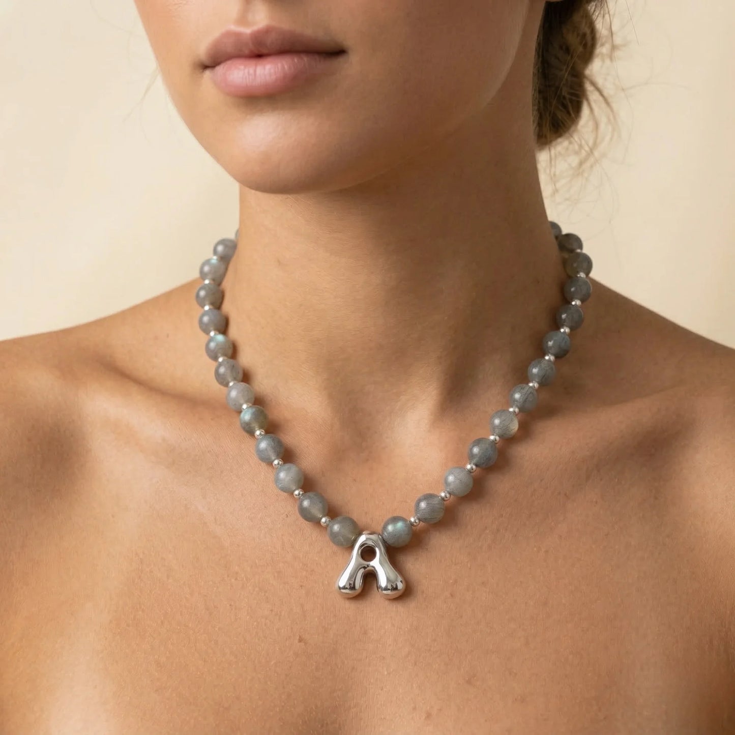 Premium natural grey moonstone and 925 sterling silver beaded necklace with personalised bubble initial charm, hand-finished in Australia