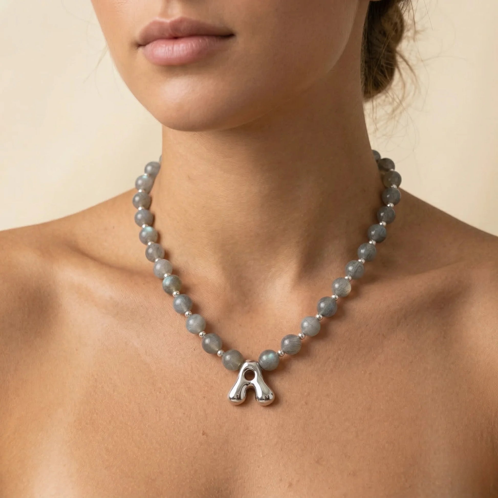 Premium natural grey moonstone and 925 sterling silver beaded necklace with personalised bubble initial charm, hand-finished in Australia
