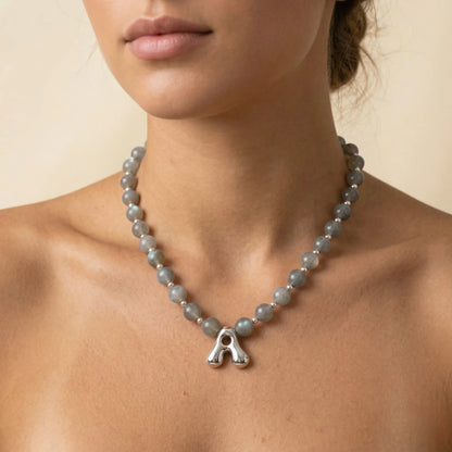 Premium natural grey moonstone and 925 sterling silver beaded necklace with personalised bubble initial charm, hand-finished in Australia