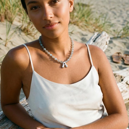 Premium natural grey moonstone and 925 sterling silver beaded necklace with personalised bubble initial charm, hand-finished in Australia