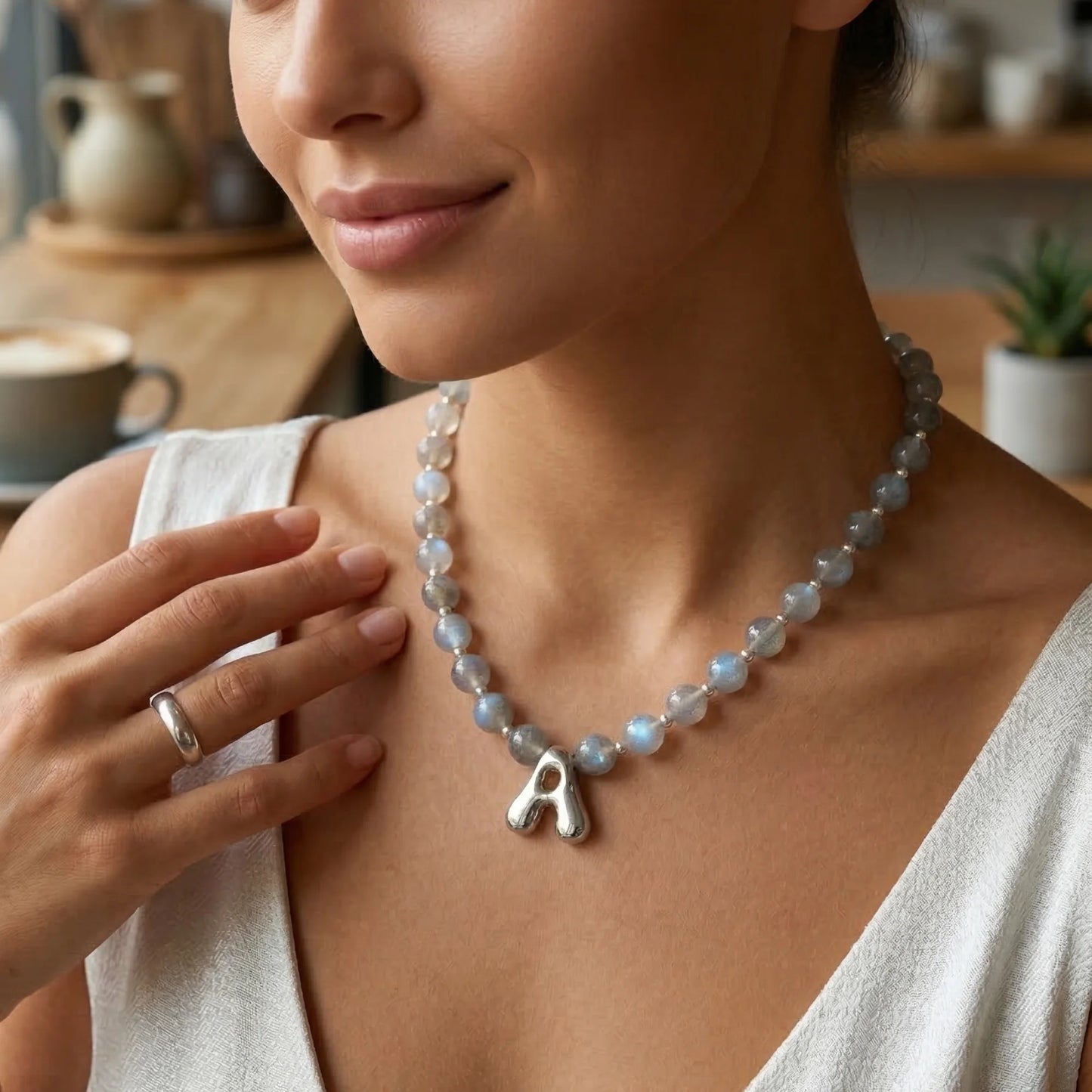 Premium natural grey moonstone and 925 sterling silver beaded necklace with personalised bubble initial charm, hand-finished in Australia