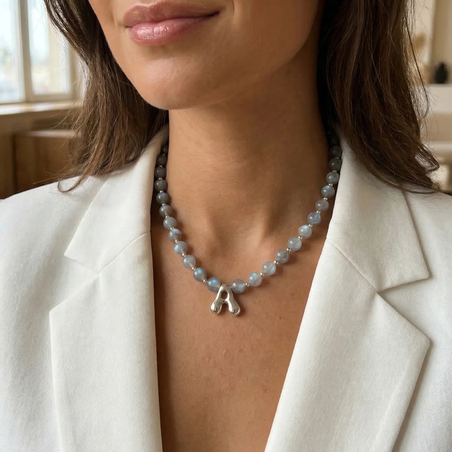 Premium natural grey moonstone and 925 sterling silver beaded necklace with personalised bubble initial charm, hand-finished in Australia