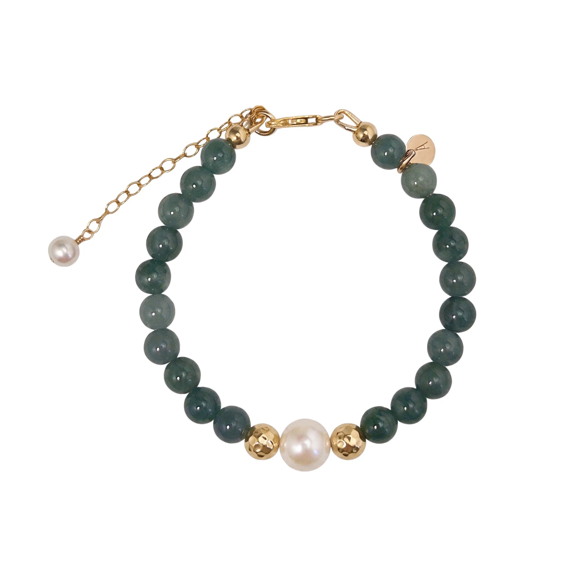 Guatemalan jade, pearl and initial gold bracelet featuring premium blue green Guatemalan jade beads, lustrous pearls and a personalised gold-filled stamped initial disc.