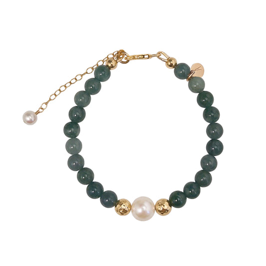 Guatemalan jade, pearl and initial gold bracelet featuring premium blue green Guatemalan jade beads, lustrous pearls and a personalised gold-filled stamped initial disc.