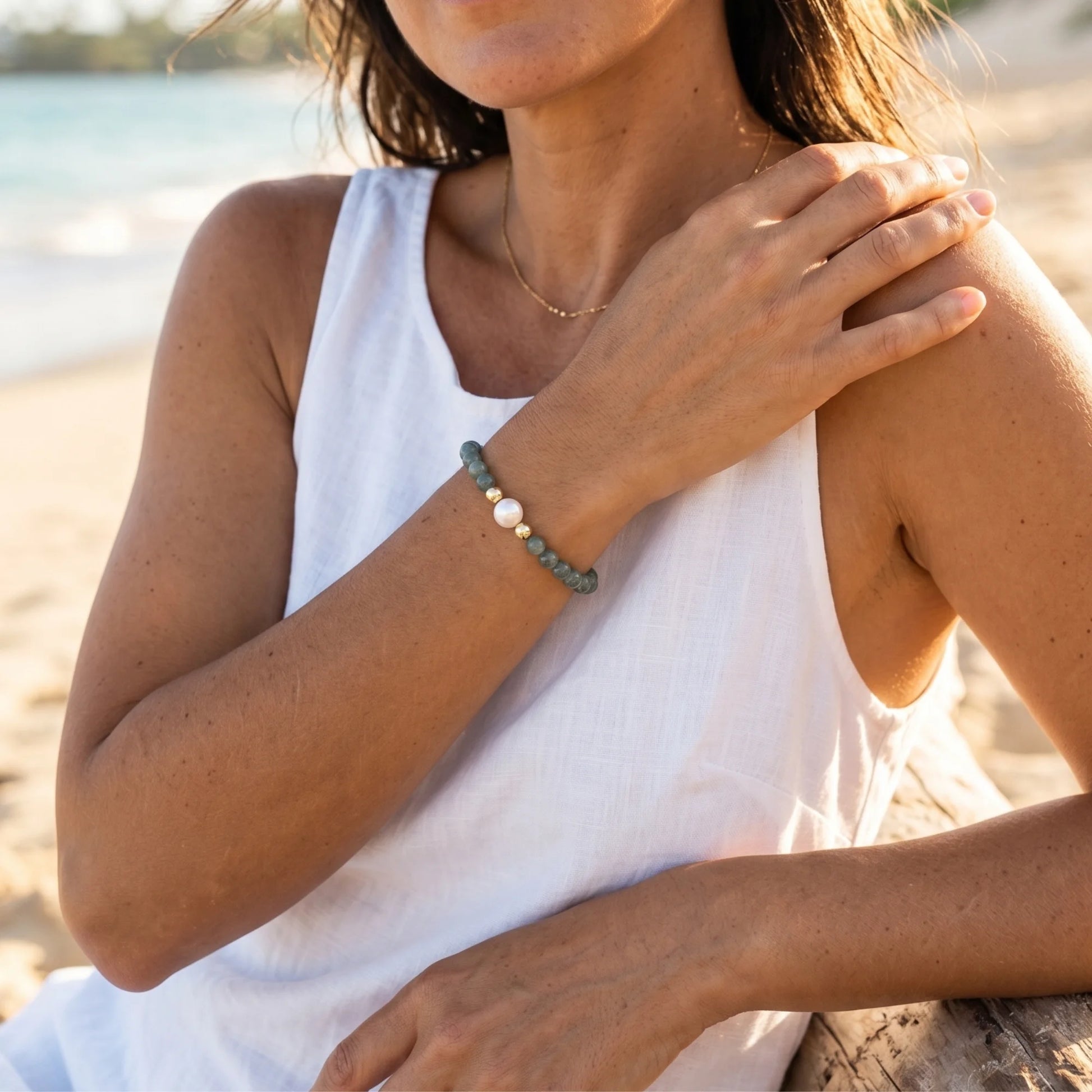 Guatemalan jade, pearl and initial gold bracelet featuring premium blue green Guatemalan jade beads, lustrous pearls and a personalised gold-filled stamped initial disc.