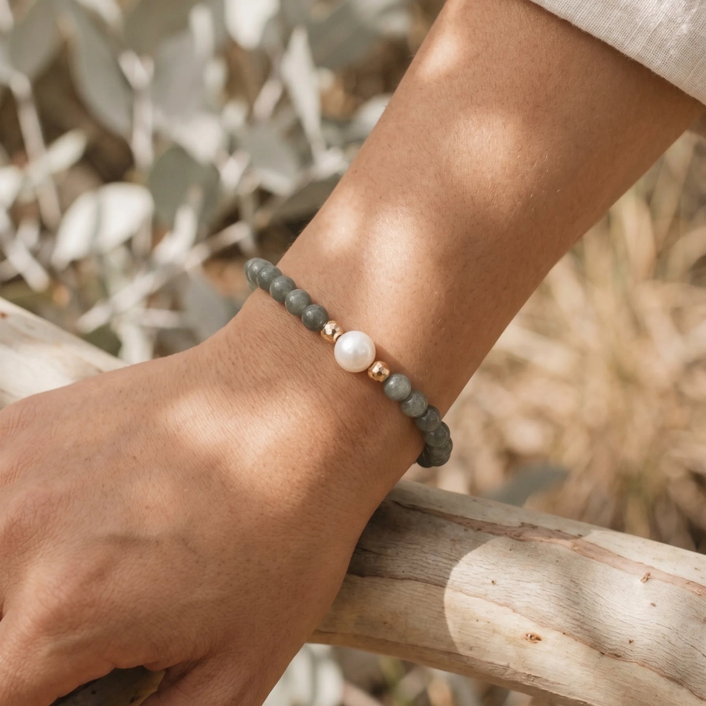 Guatemalan jade, pearl and initial gold bracelet featuring premium blue green Guatemalan jade beads, lustrous pearls and a personalised gold-filled stamped initial disc.