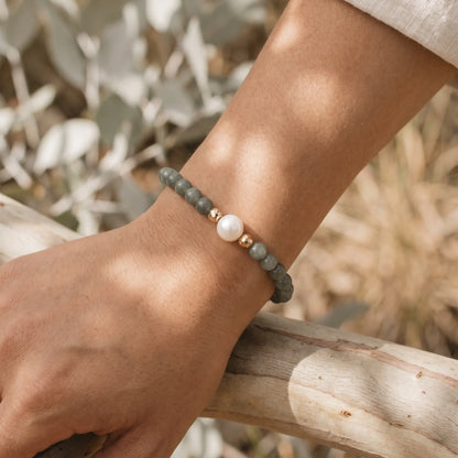 Guatemalan jade, pearl and initial gold bracelet featuring premium blue green Guatemalan jade beads, lustrous pearls and a personalised gold-filled stamped initial disc.