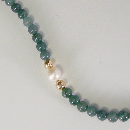 Guatemalan jade, pearl and initial gold bracelet featuring premium blue green Guatemalan jade beads, lustrous pearls and a personalised gold-filled stamped initial disc.