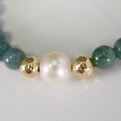 Guatemalan jade, pearl and initial gold bracelet featuring premium blue green Guatemalan jade beads, lustrous pearls and a personalised gold-filled stamped initial disc.