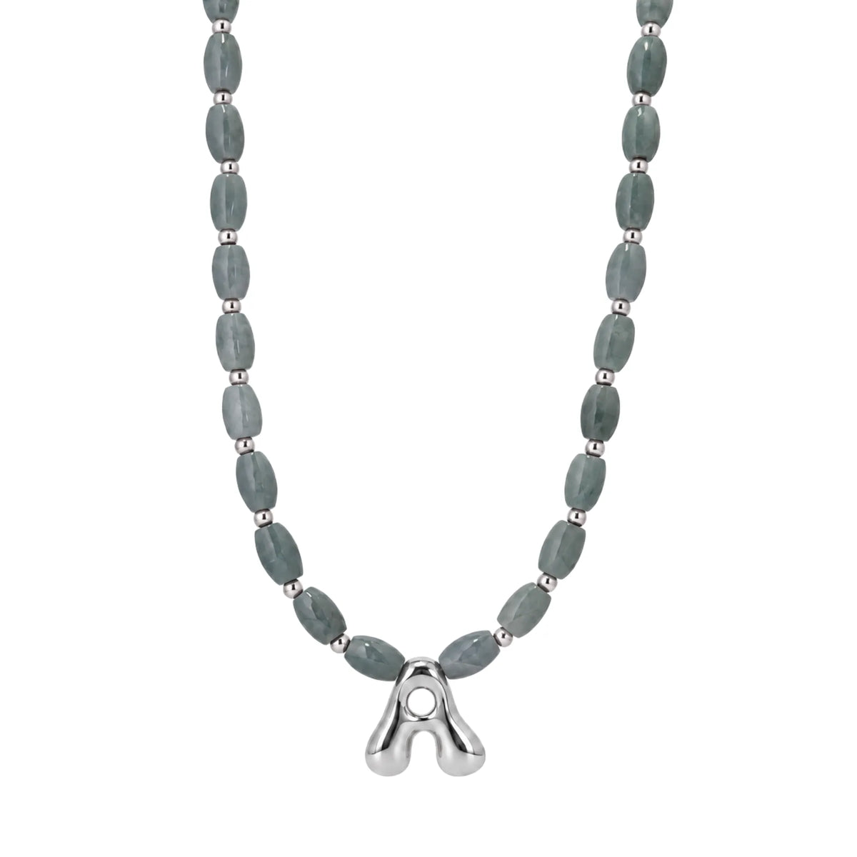Guatemalan jade initial necklace with smooth barrel beads, sterling silver spacers and a bubble letter pendant