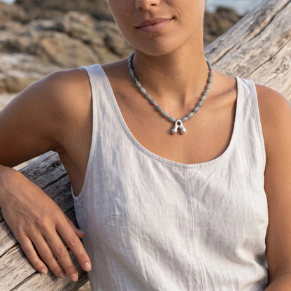 Guatemalan jade initial necklace with smooth barrel beads, sterling silver spacers and a bubble letter pendant