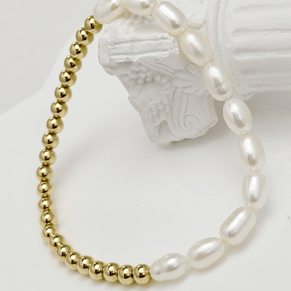 Half pearl half gold bead bracelet with rice shape pearls and polished gold-filled beads – MXW Jewellery