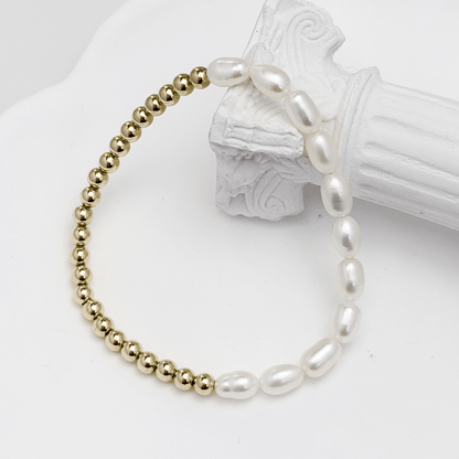 Half pearl half gold bead bracelet with rice shape pearls and polished gold-filled beads – MXW Jewellery