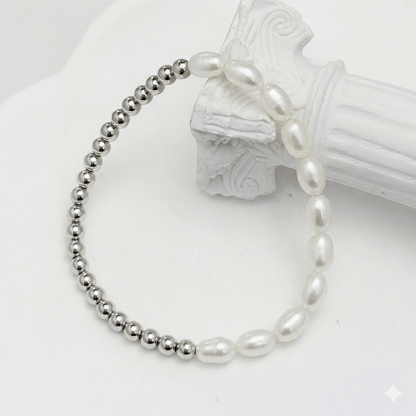 Half pearl half sterling silver bead bracelet with baroque pearls and polished silver beads – MXW Jewellery