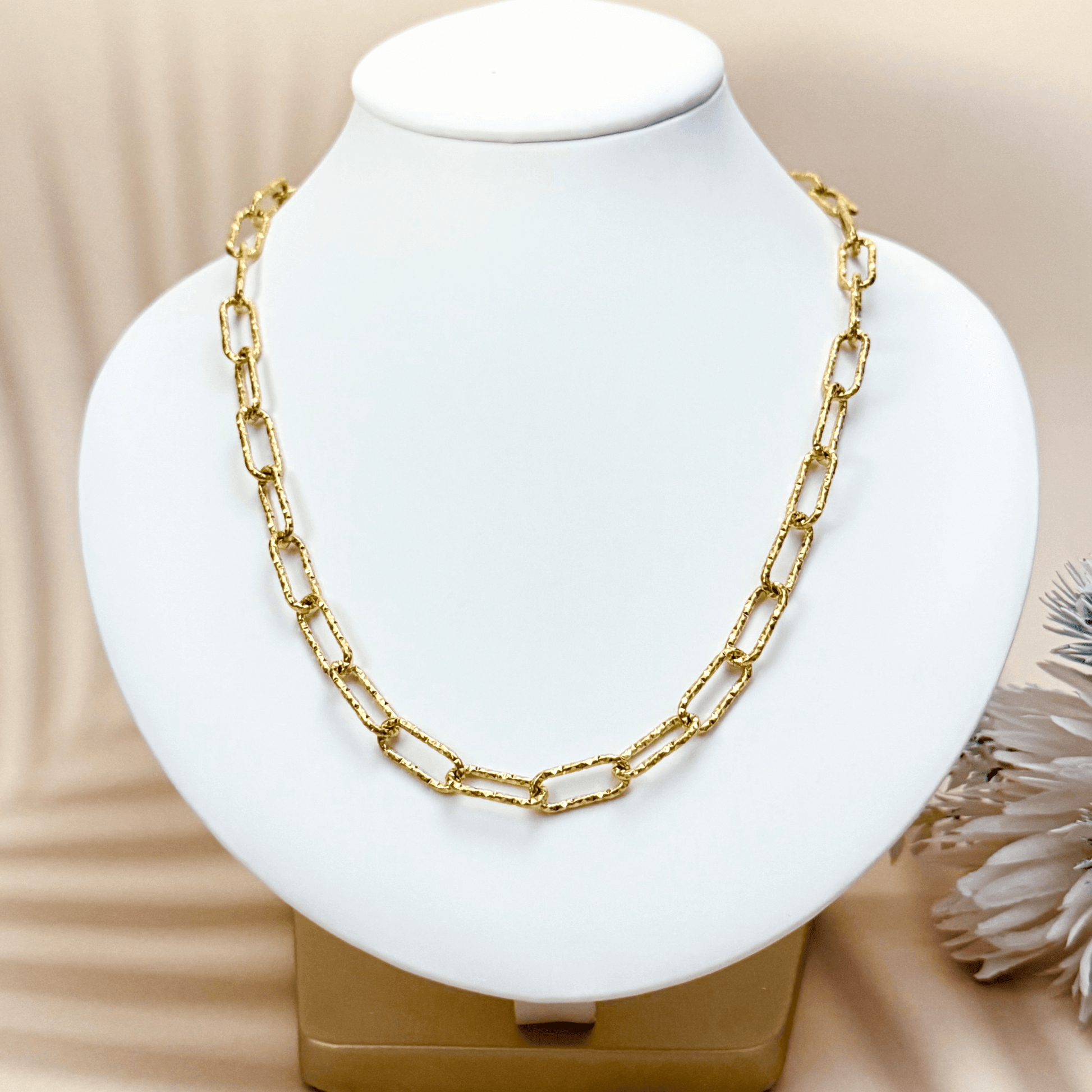 elongated hammered rectangular chain links in gold – waterproof and tarnish resistant