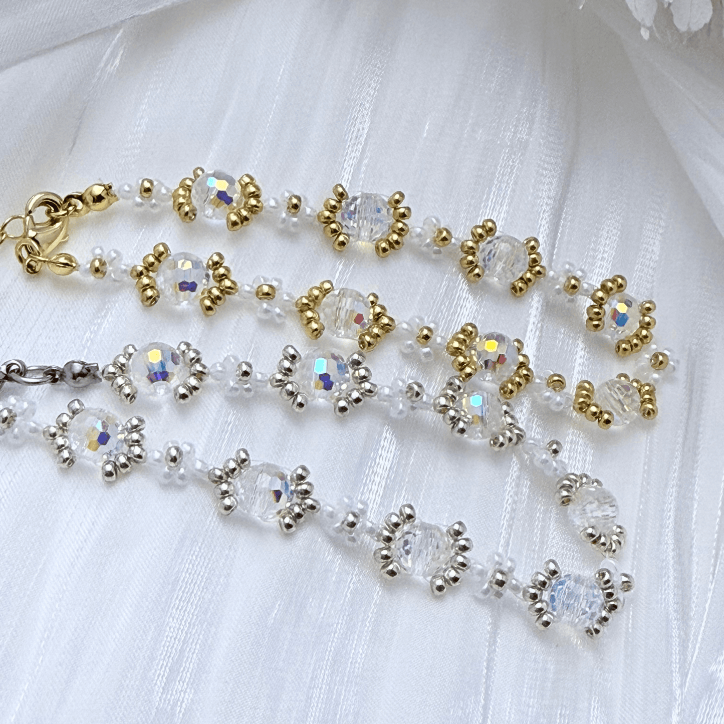 Handmade clear crystal beaded flower bracelet with iridescent Japanese glass beads in gold or silver finish