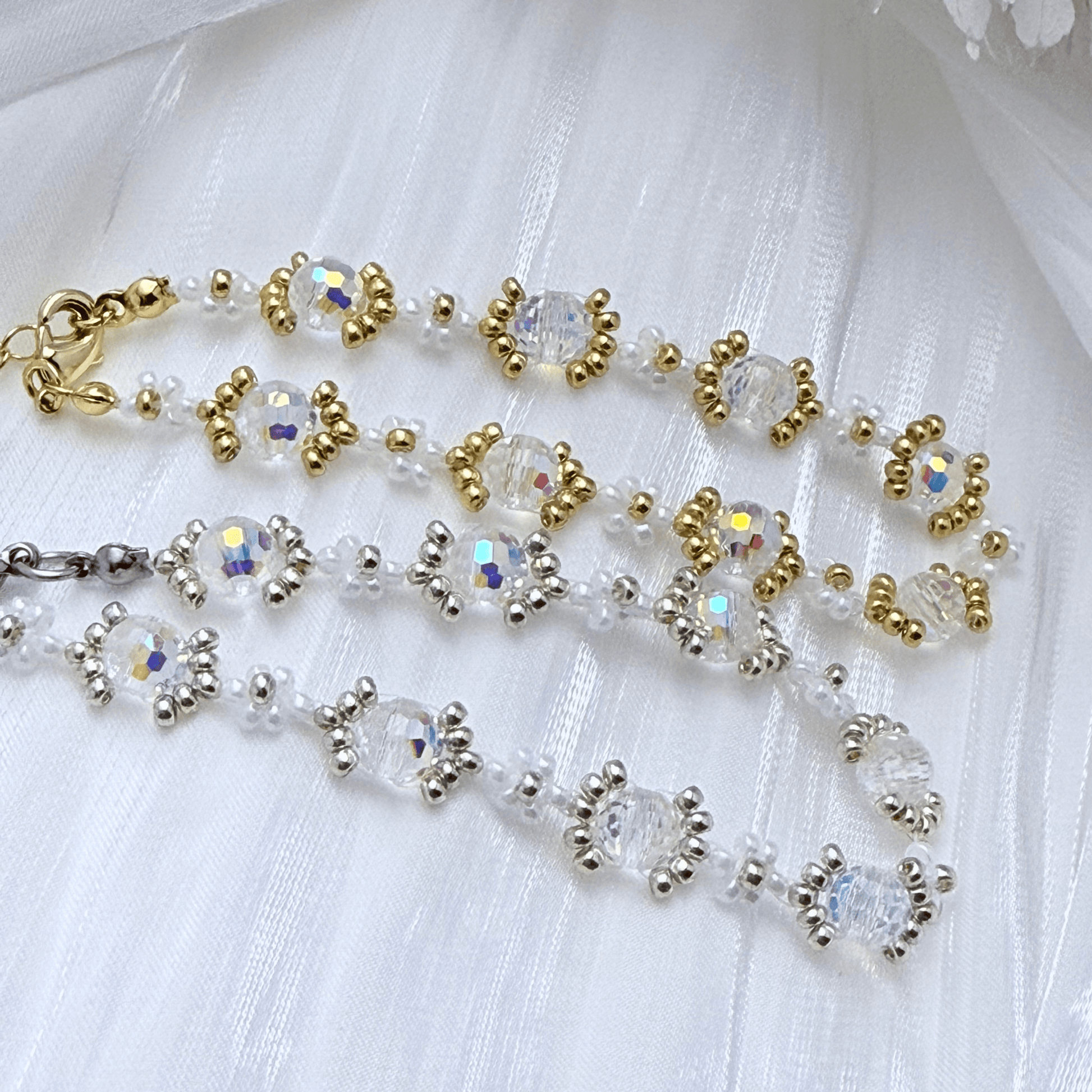 Handmade clear crystal beaded flower bracelet with iridescent Japanese glass beads in gold or silver finish