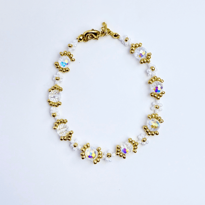 Handmade clear crystal beaded flower bracelet with iridescent Japanese glass beads in gold or silver finish