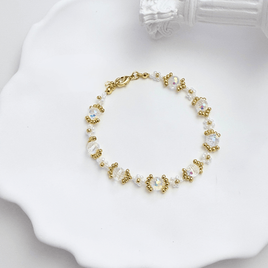 Handmade clear crystal beaded flower bracelet with iridescent Japanese glass beads in gold or silver finish