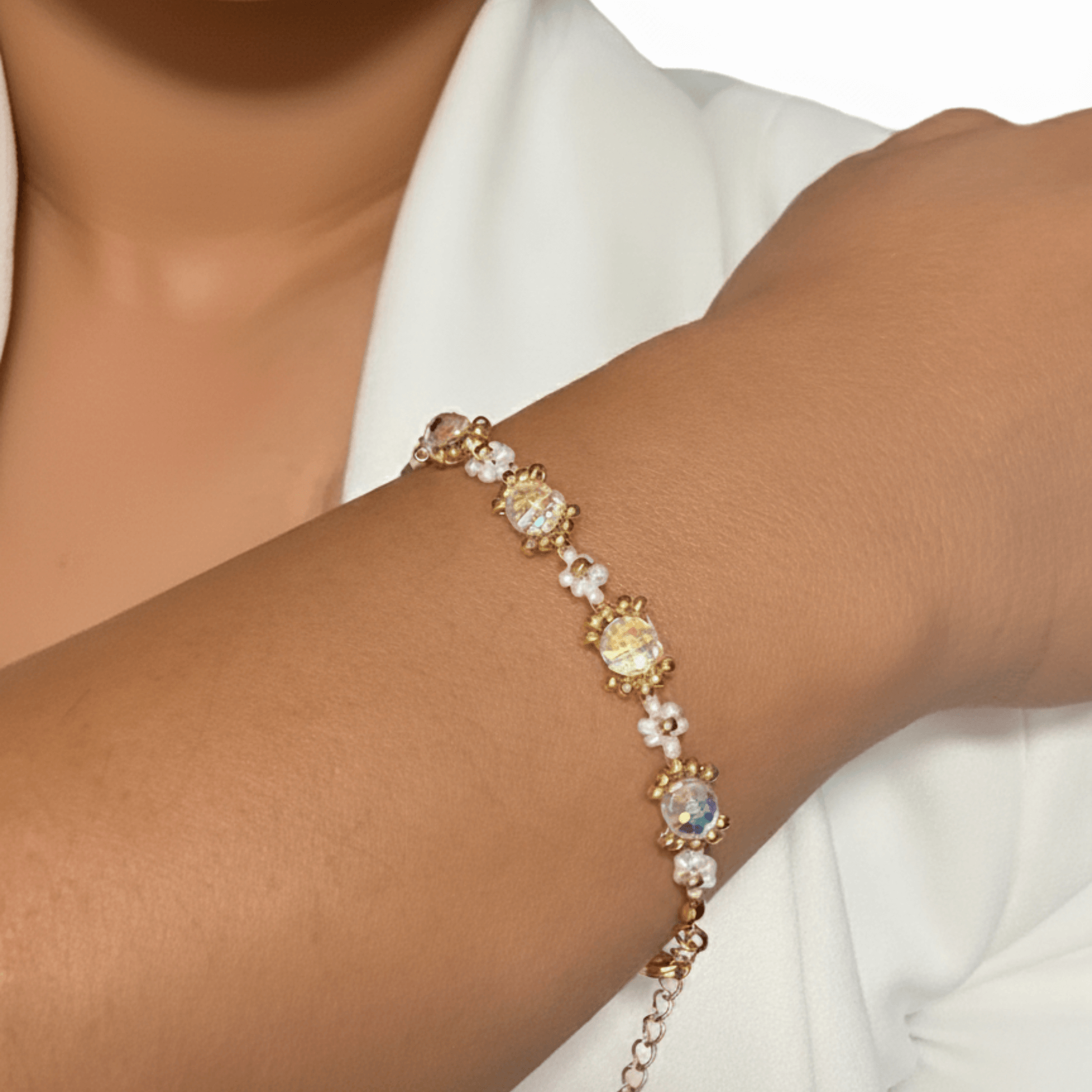 Handmade clear crystal beaded flower bracelet with iridescent Japanese glass beads in gold or silver finish
