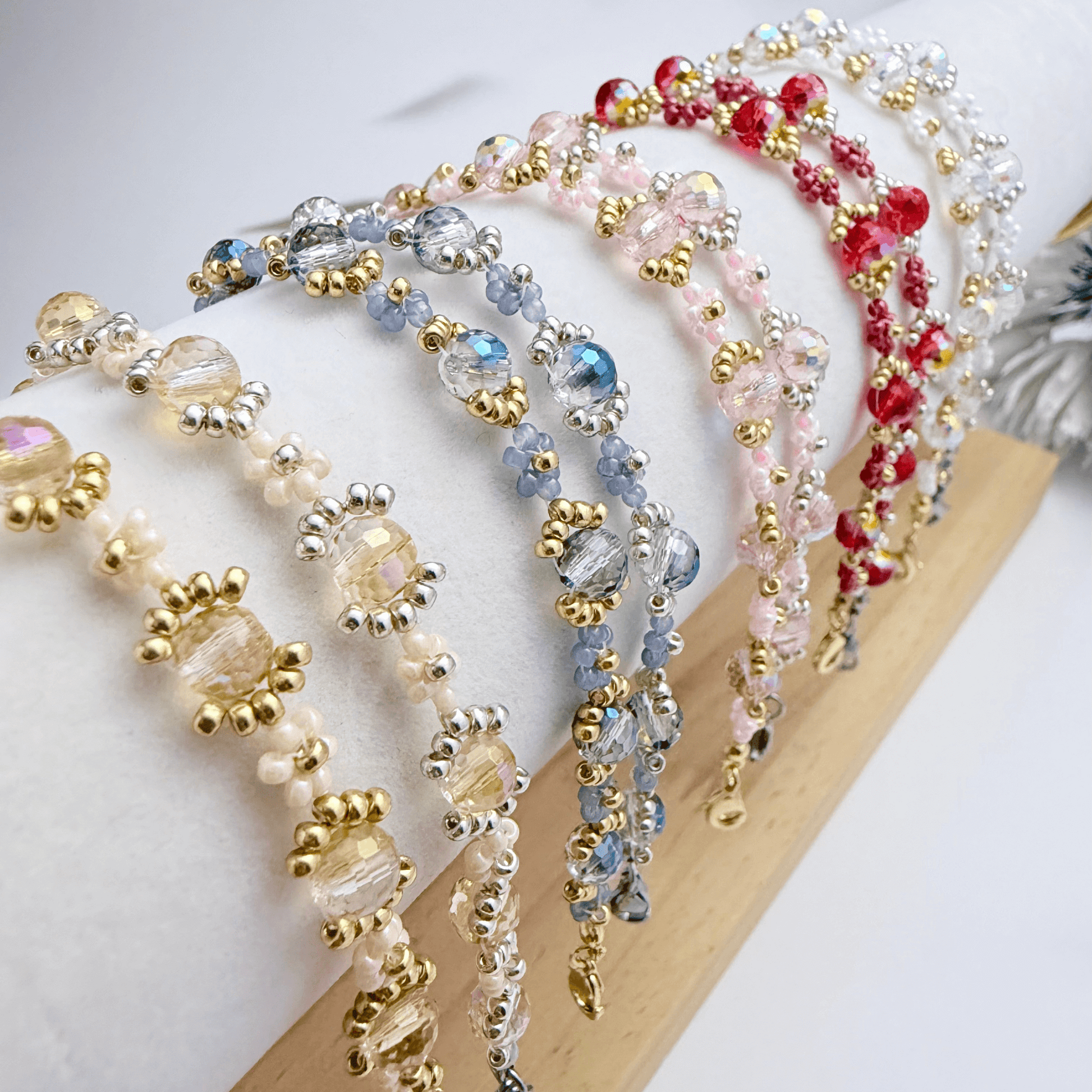 Handmade red ruby daisy flower beaded bracelet with Japanese glass beads and gold or silver accents