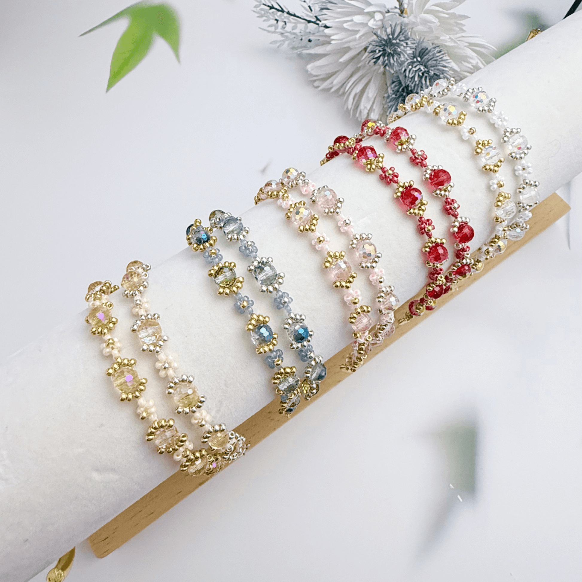 Handmade red ruby daisy flower beaded bracelet with Japanese glass beads and gold or silver accents