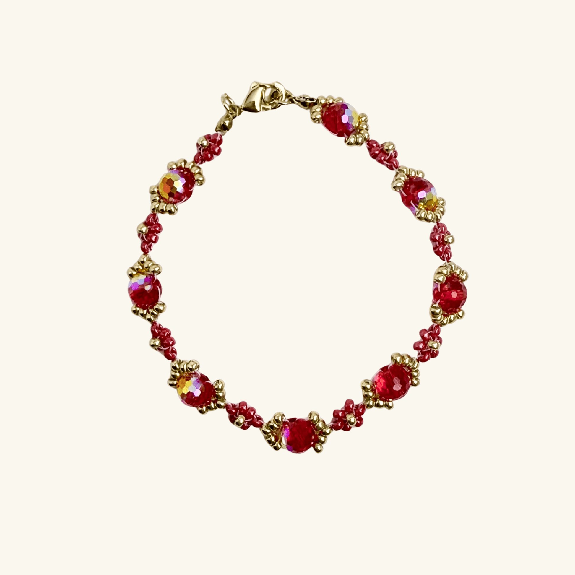 Handmade red ruby daisy flower beaded bracelet with Japanese glass beads and gold or silver accents