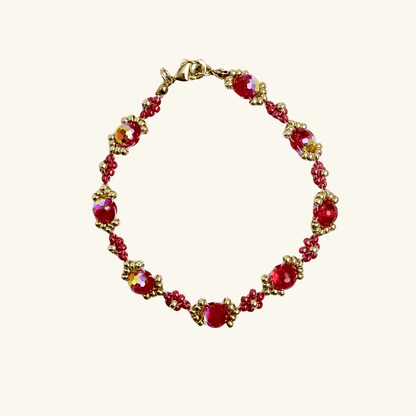 Handmade red ruby daisy flower beaded bracelet with Japanese glass beads and gold or silver accents