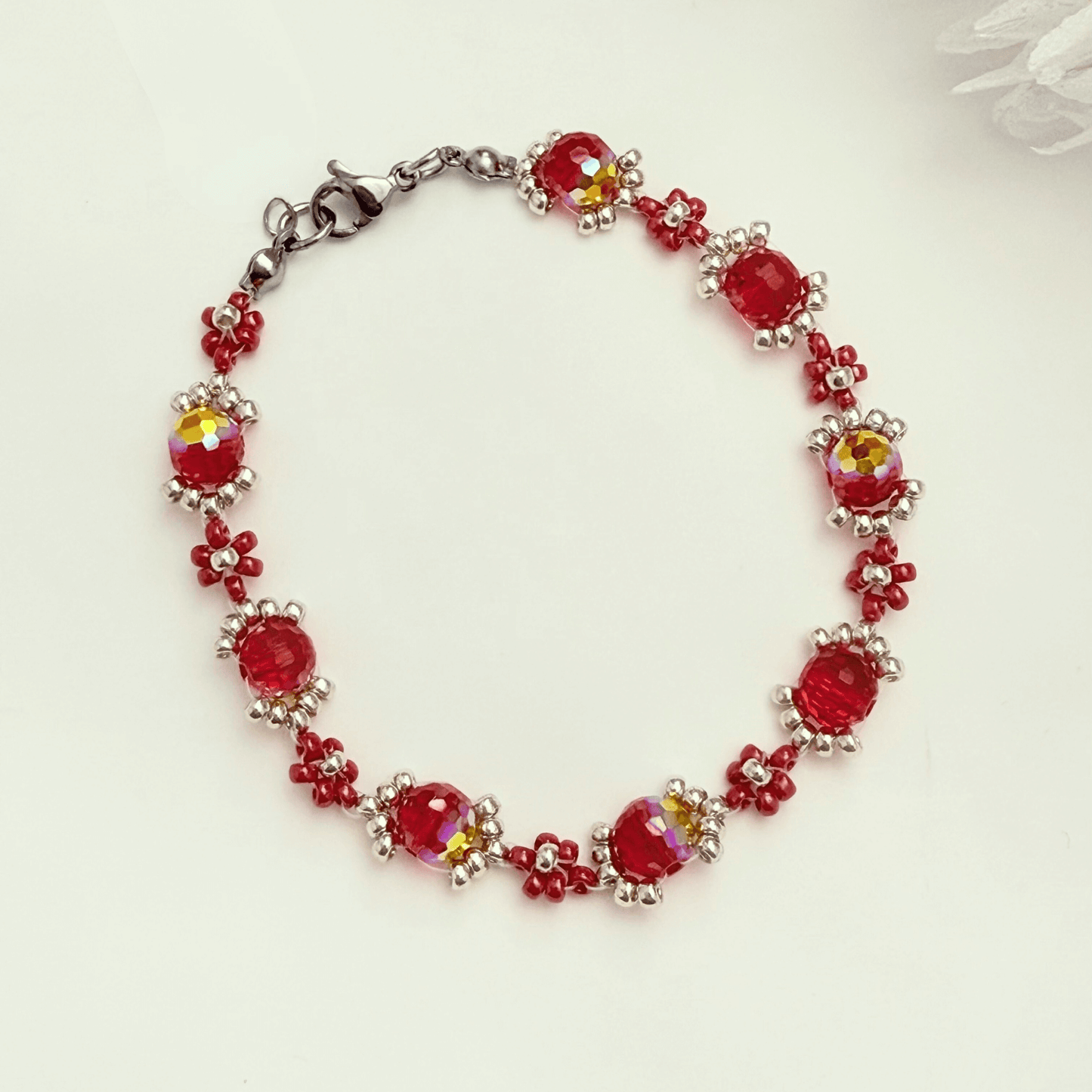 Handmade red ruby daisy flower beaded bracelet with Japanese glass beads and gold or silver accents