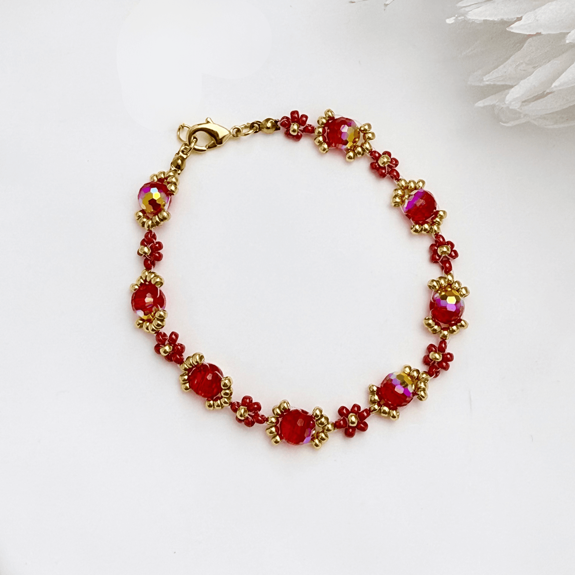 Handmade red ruby daisy flower beaded bracelet with Japanese glass beads and gold or silver accents
