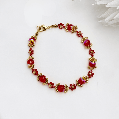 Handmade red ruby daisy flower beaded bracelet with Japanese glass beads and gold or silver accents