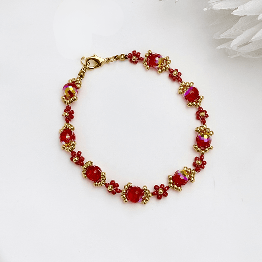 Handmade red ruby daisy flower beaded bracelet with Japanese glass beads and gold or silver accents