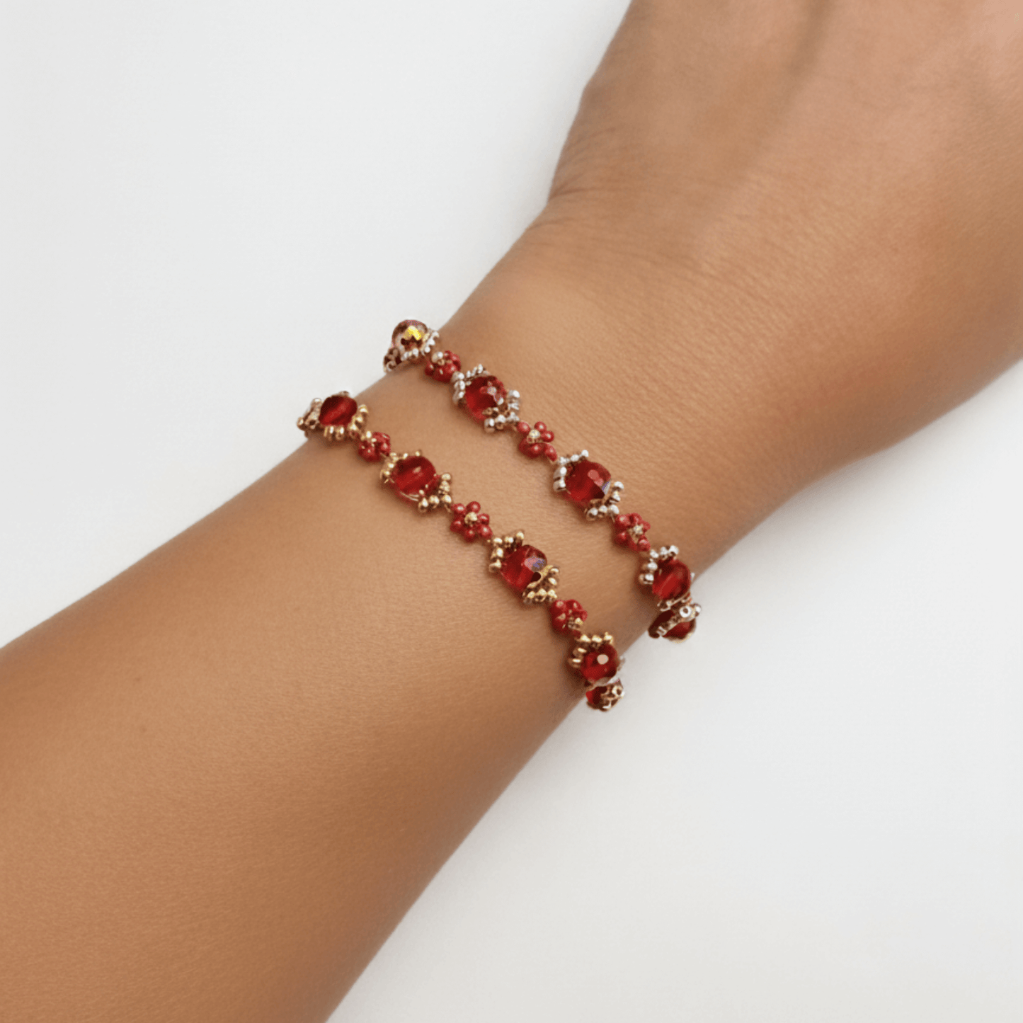 Handmade red ruby daisy flower beaded bracelet with Japanese glass beads and gold or silver accents