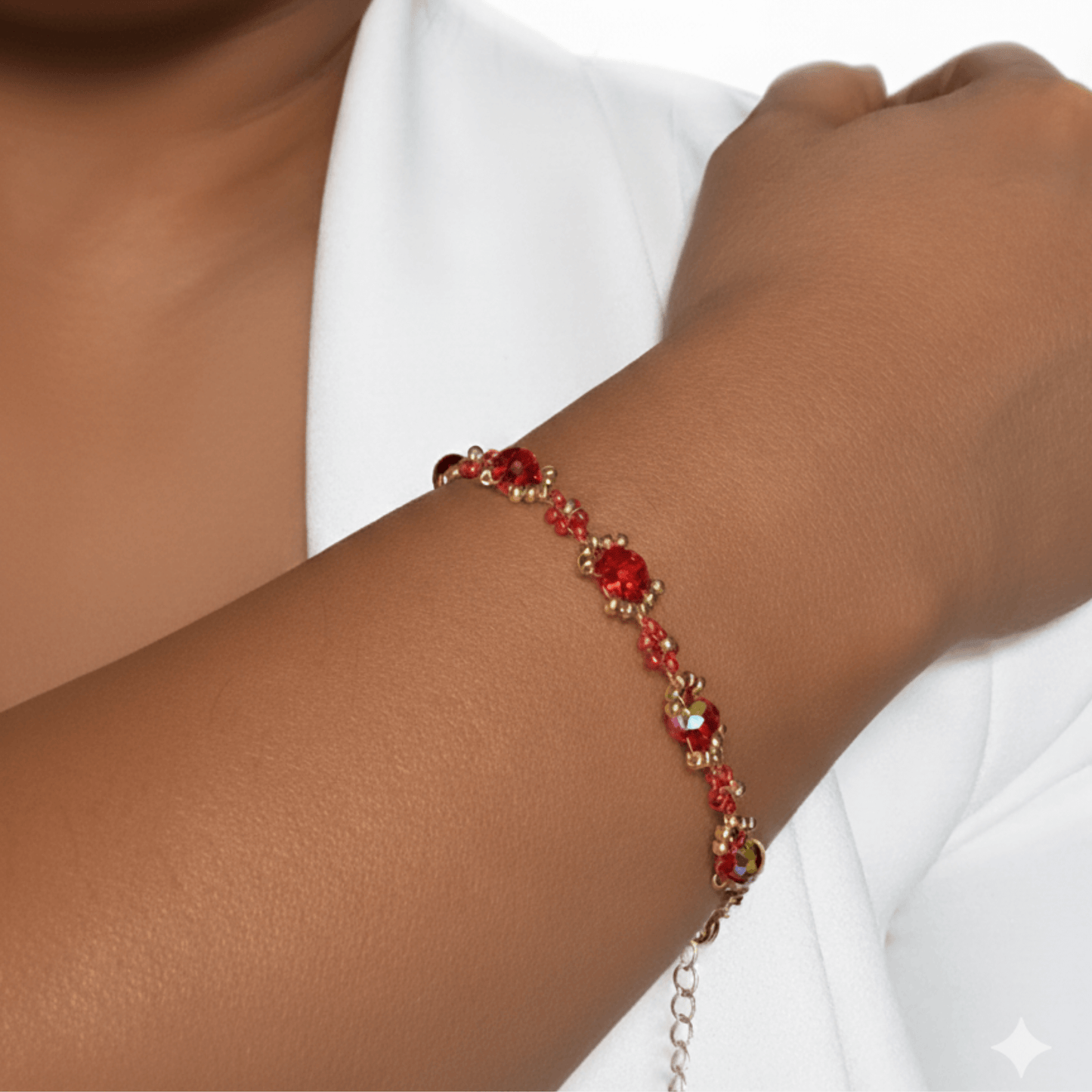 Handmade red ruby daisy flower beaded bracelet with Japanese glass beads and gold or silver accents