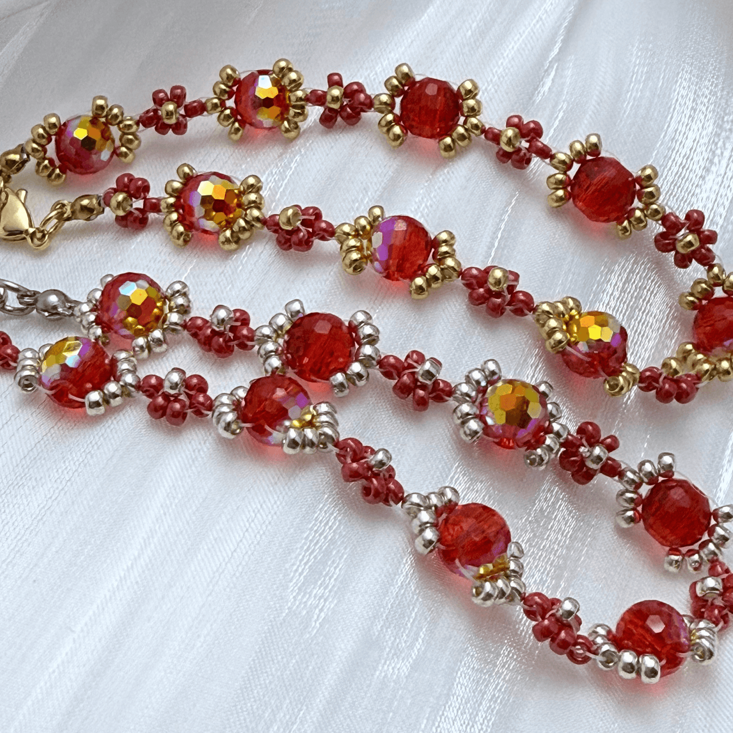 Handmade red ruby daisy flower beaded bracelet with Japanese glass beads and gold or silver accents