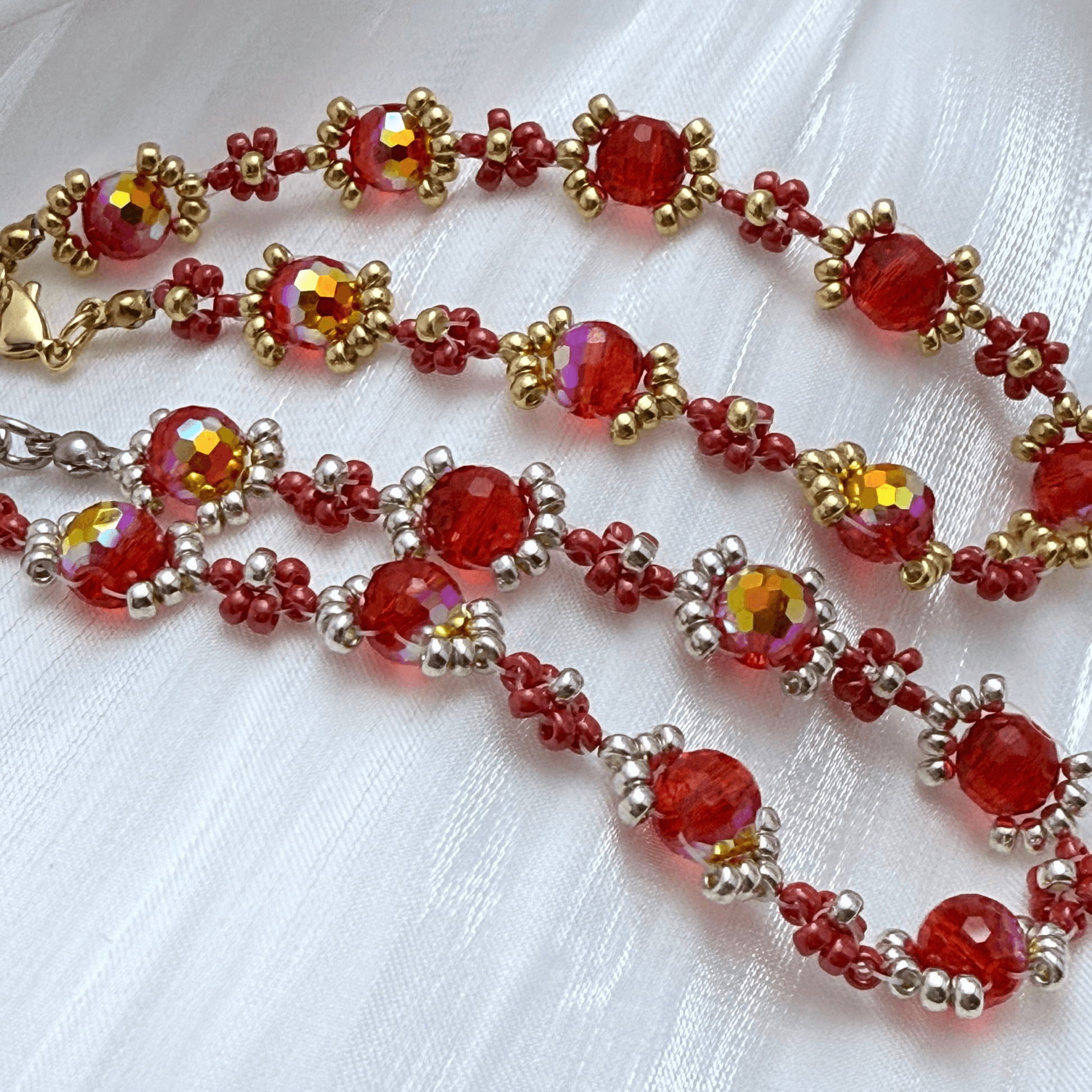 Handmade red ruby daisy flower beaded bracelet with Japanese glass beads and gold or silver accents