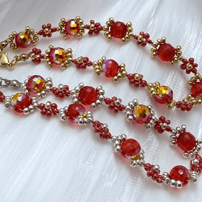 Handmade red ruby daisy flower beaded bracelet with Japanese glass beads and gold or silver accents