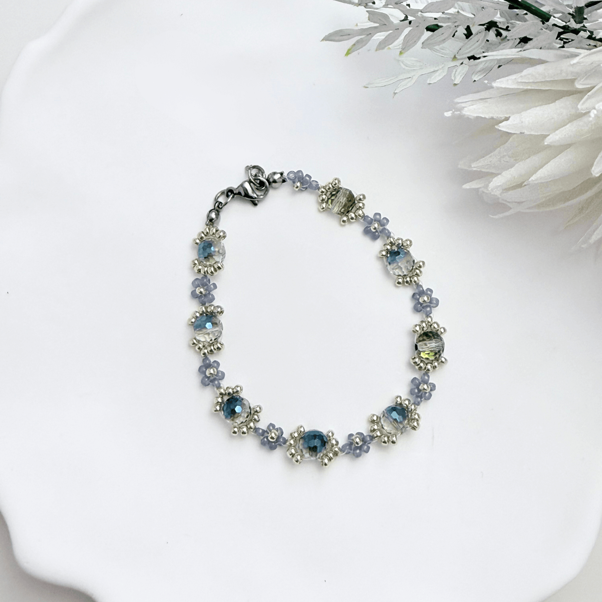 Handmade blue-grey beaded flower bracelet with Japanese glass beads and gold or silver accents