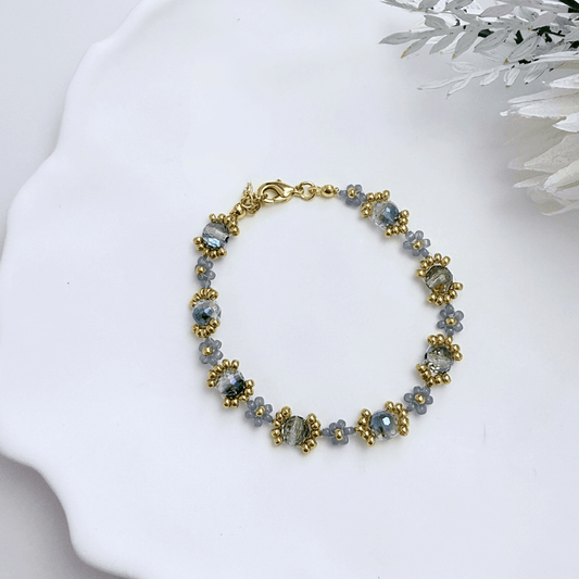 Handmade blue-grey beaded flower bracelet with Japanese glass beads and gold or silver accents