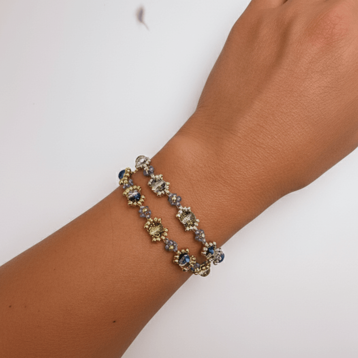 Handmade blue-grey beaded flower bracelet with Japanese glass beads and gold or silver accents