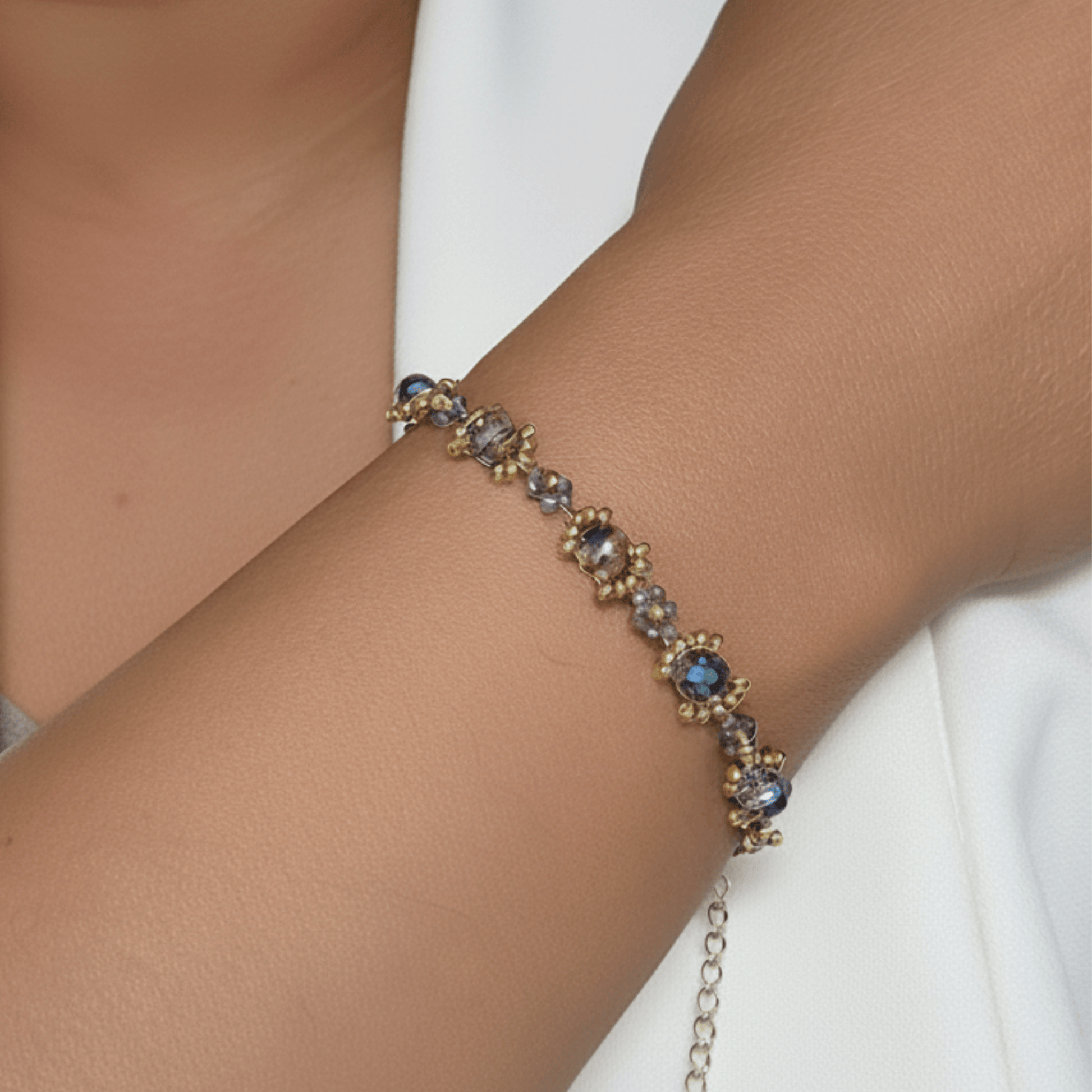 Handmade blue-grey beaded flower bracelet with Japanese glass beads and gold or silver accents