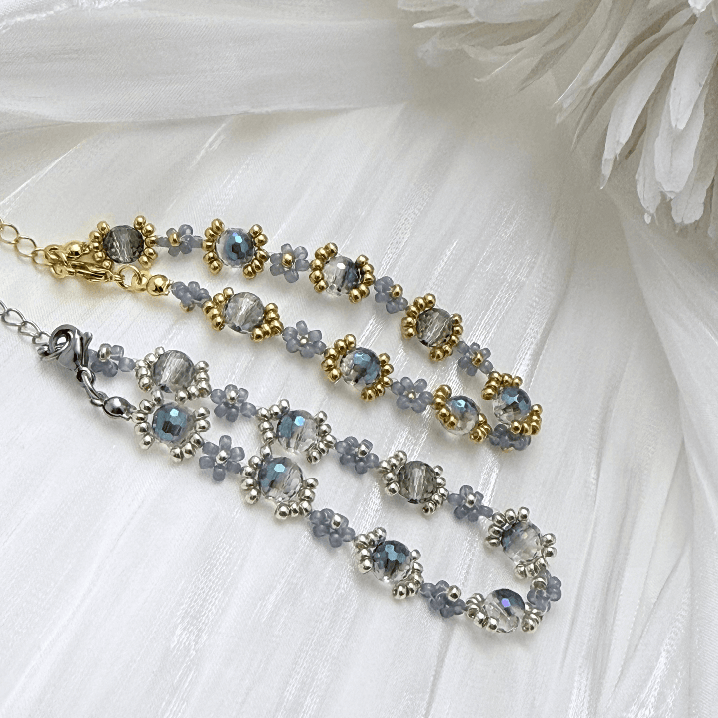 Handmade blue-grey beaded flower bracelet with Japanese glass beads and gold or silver accents