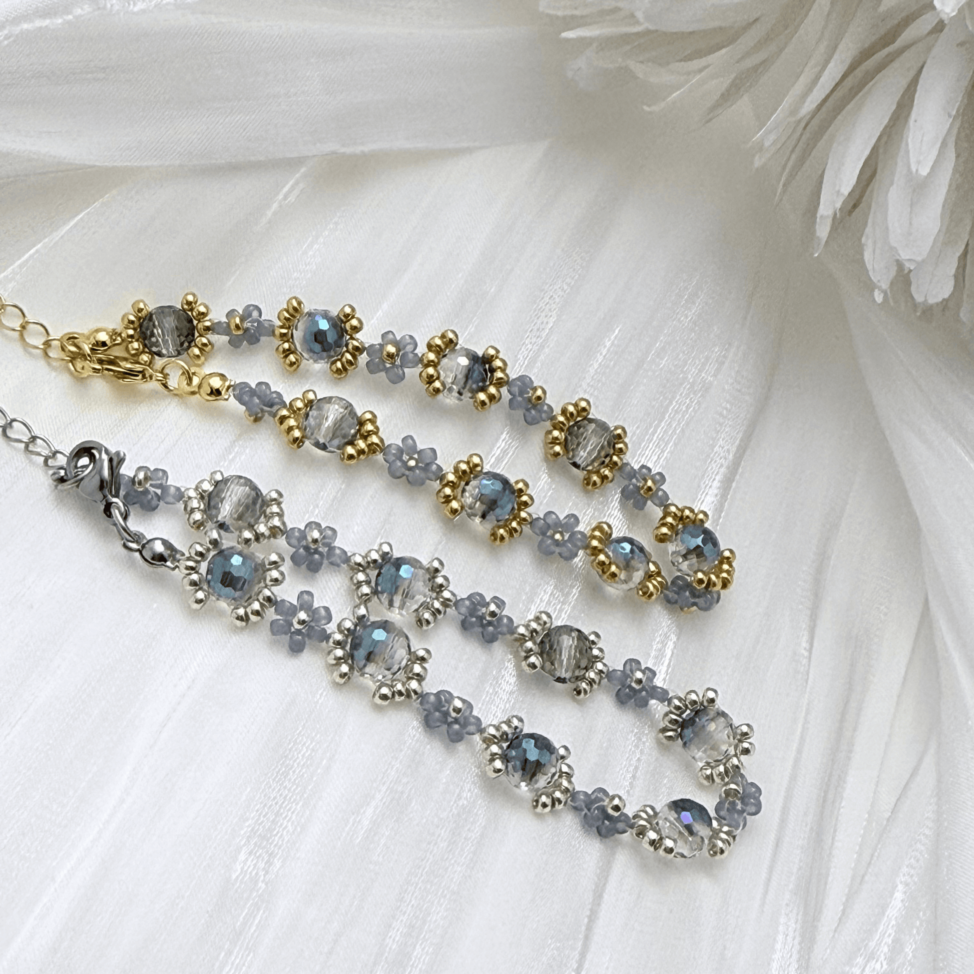 Handmade blue-grey beaded flower bracelet with Japanese glass beads and gold or silver accents