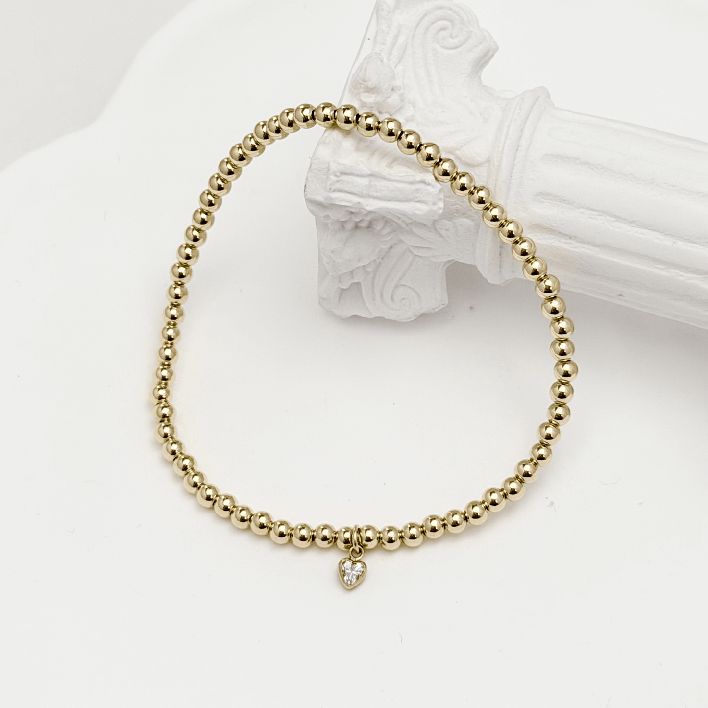 Waterproof heart charm gold bead bracelet with crystal detail – MXW Jewellery