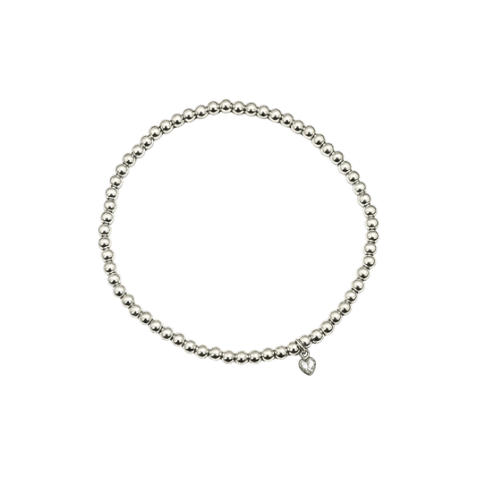 Heart charm sterling silver bead bracelet with crystal detail and polished silver beads – MXW Jewellery