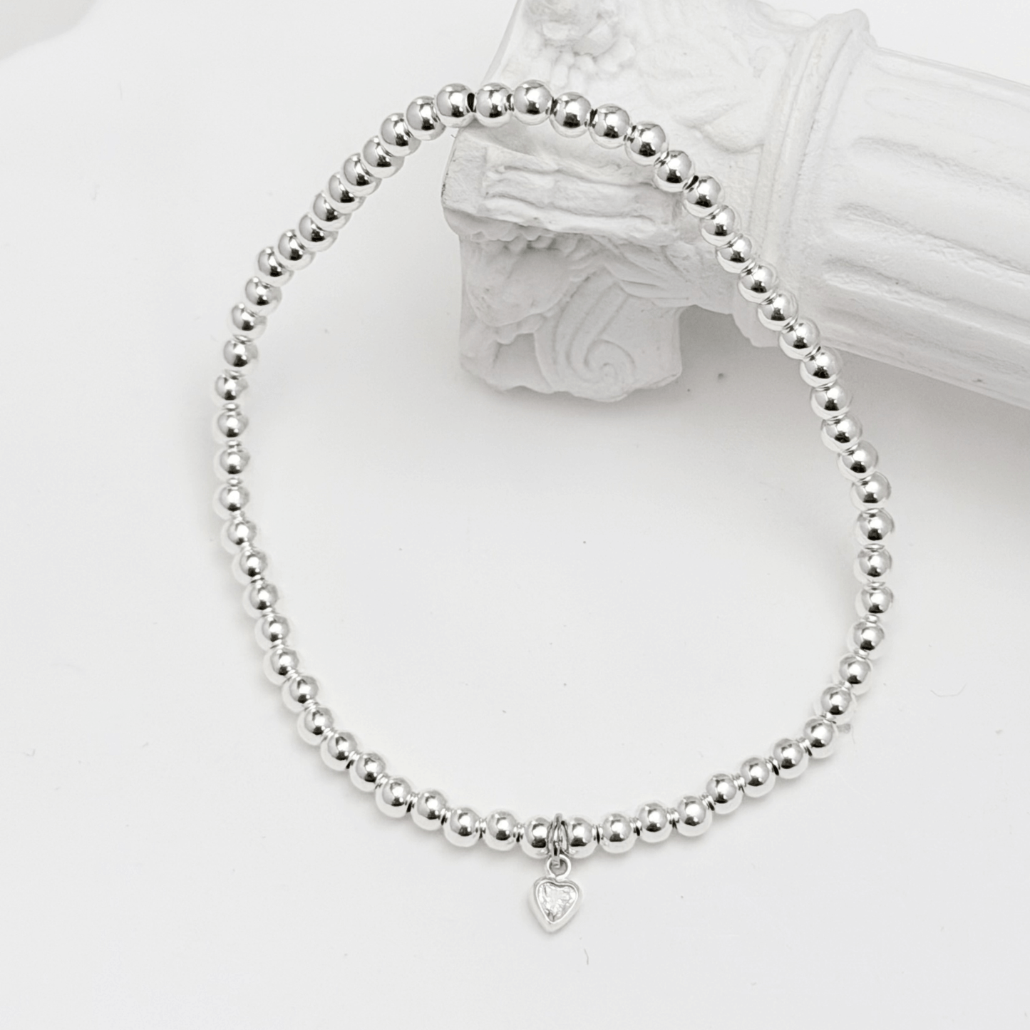 Heart charm sterling silver bead bracelet with crystal detail and polished silver beads – MXW Jewellery