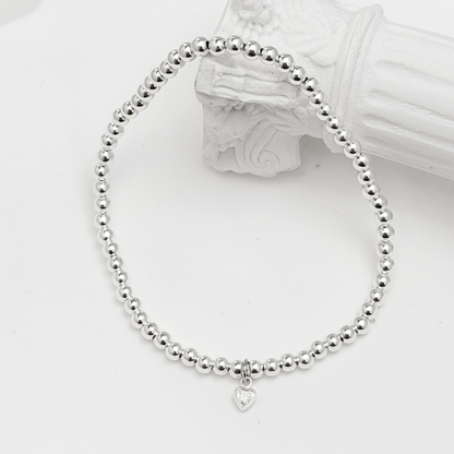 Heart charm sterling silver bead bracelet with crystal detail and polished silver beads – MXW Jewellery